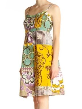 Cabi Multicolor Patchwork Print Beaded Mini Dress Size 4